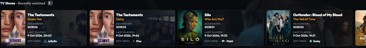 Plekt Dashboard TV Shows recently watched row showing completed episode cards