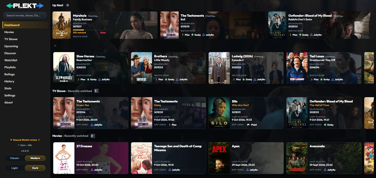 Plekt dashboard showing Now Playing, Up Next, watch history, and movie activity