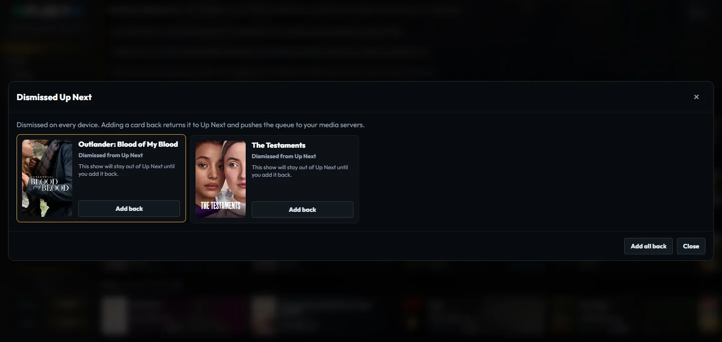 Plekt Dismissed Up Next dialog showing Add back and Add all back actions