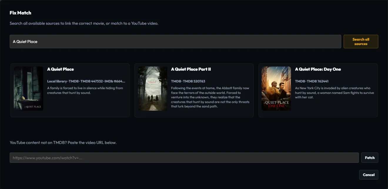 Plekt Fix Match dialog showing a search across all sources, result cards with their source, and YouTube fallback