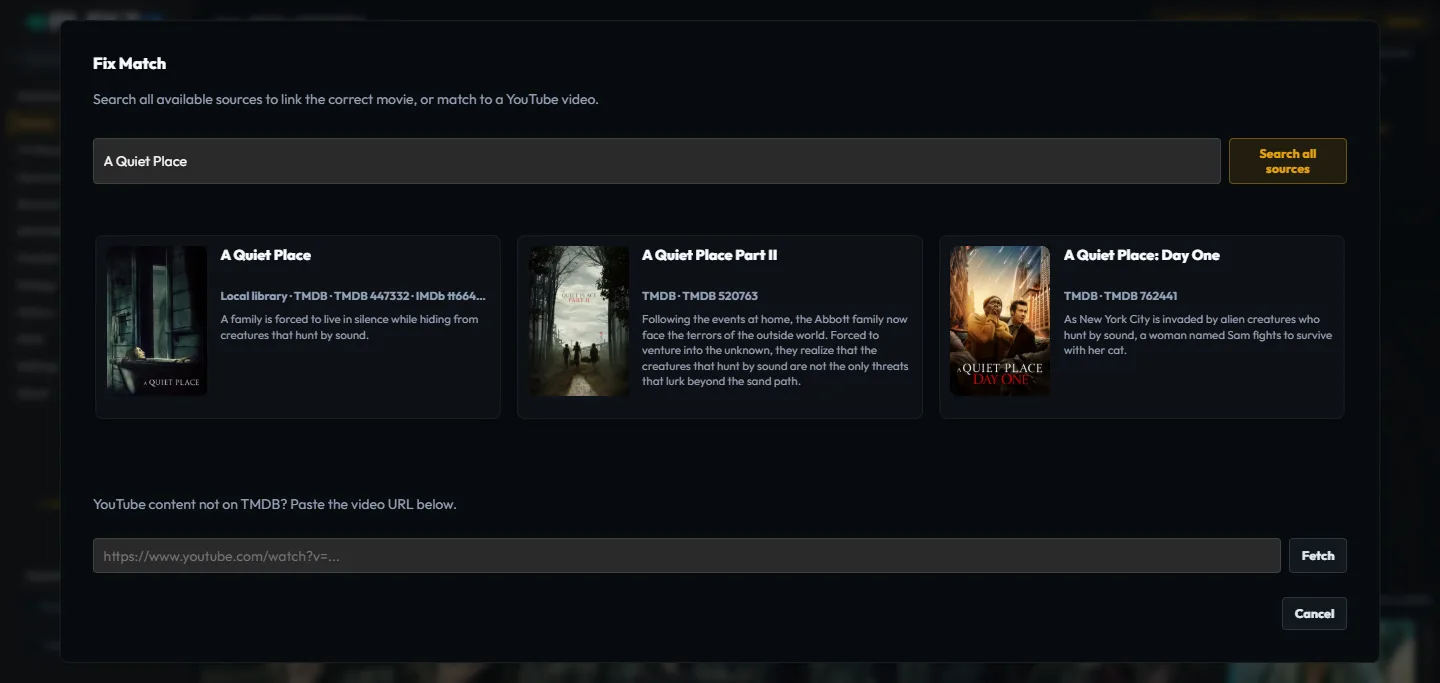 Plekt Fix Match dialog showing a search across all sources, result cards with their source, and YouTube fallback