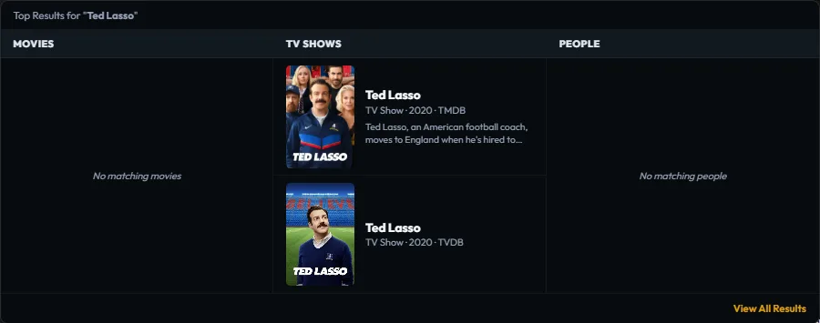 Plekt Dashboard global search showing Ted Lasso matches from TMDB and TheTVDB