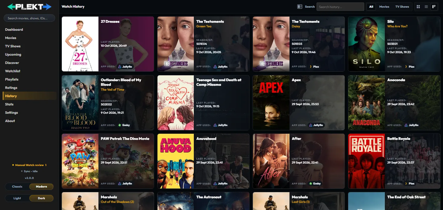 Plekt History page showing separate watch records for repeated viewing