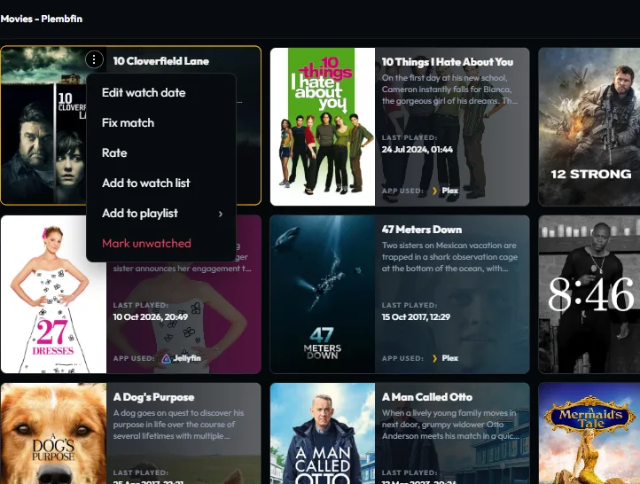 Plekt movie poster card with the shared three-dot quick-actions menu open