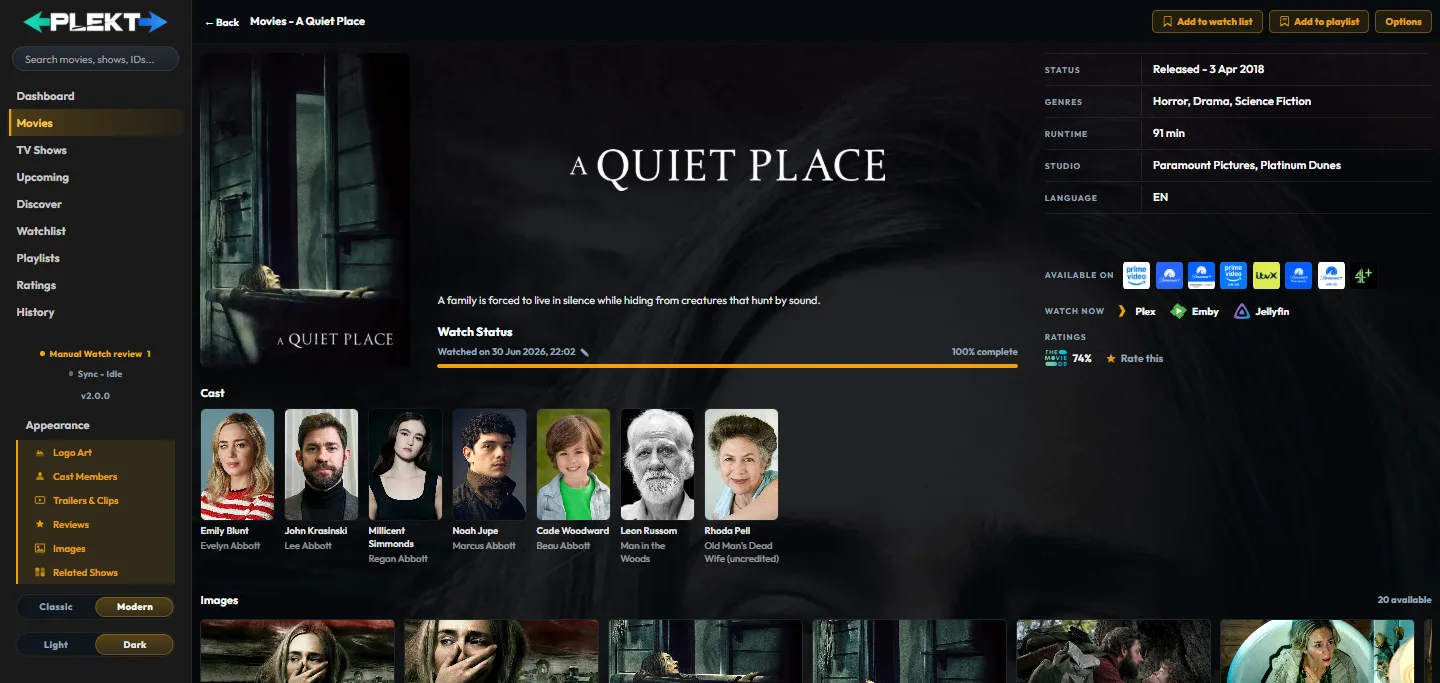 Plekt Appearance menu on a media detail page showing independent section switches