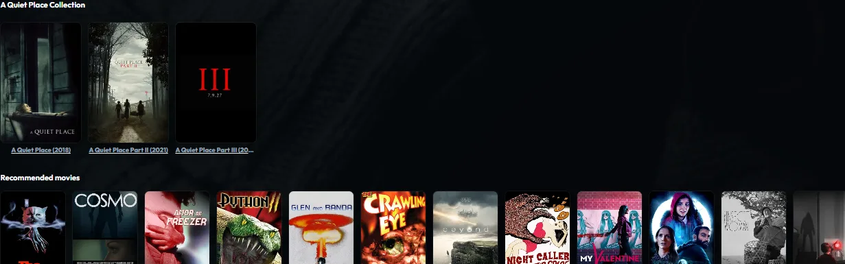 Plekt media detail page showing a complete collection row and recommended movie row
