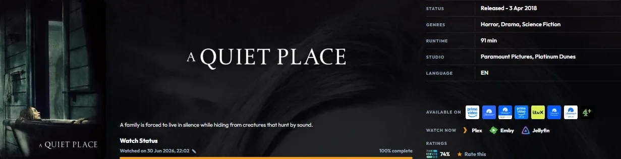 Plekt movie detail header with artwork, watch status, facts, ratings, and playback links