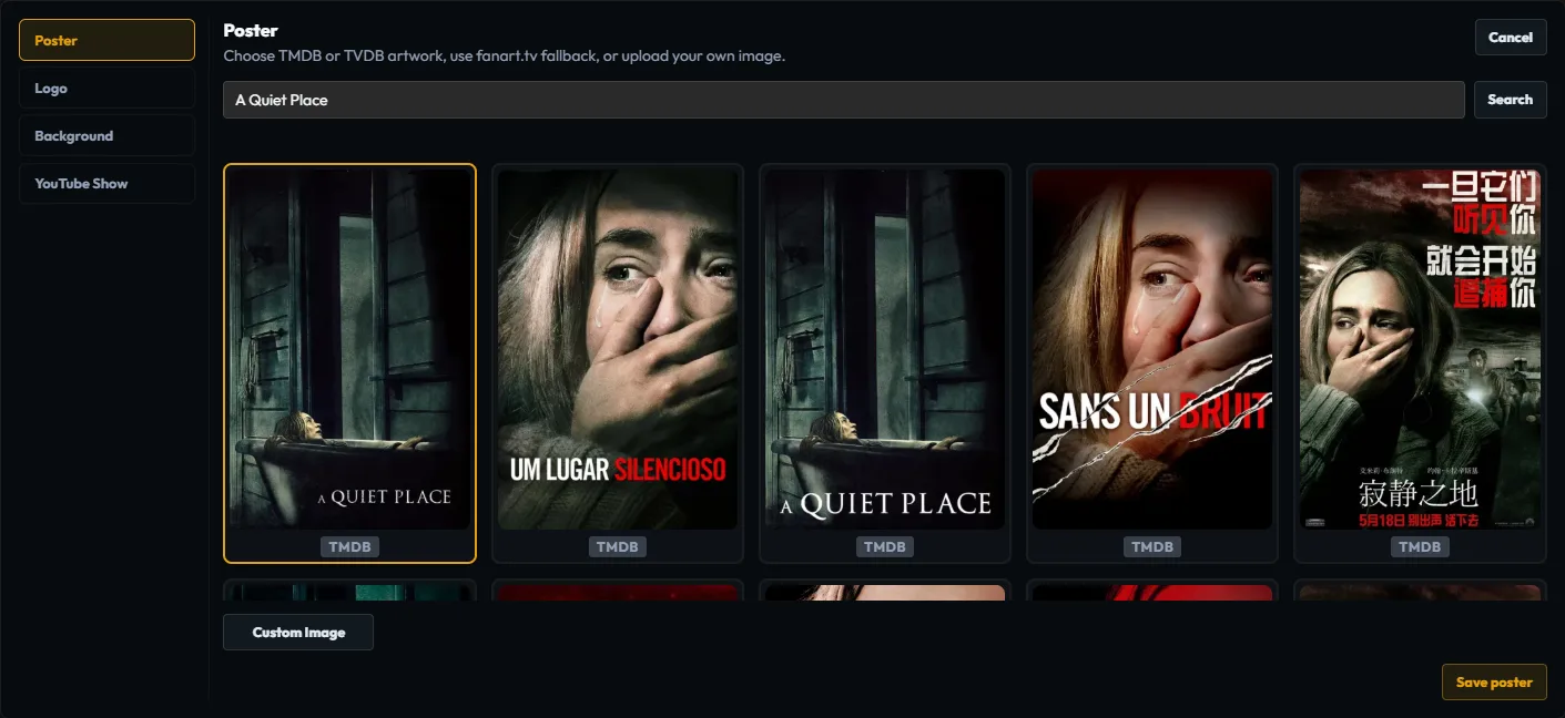 Plekt artwork picker showing Poster, Logo, Background, and YouTube Show tabs with provider artwork choices