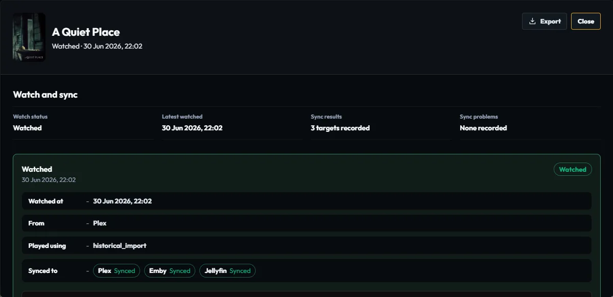Plekt Info panel showing watch status, latest watched date, sync results, and audit details
