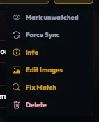 Plekt media detail Tools menu showing Force Sync, Info, Edit Images, Fix Match, and Delete