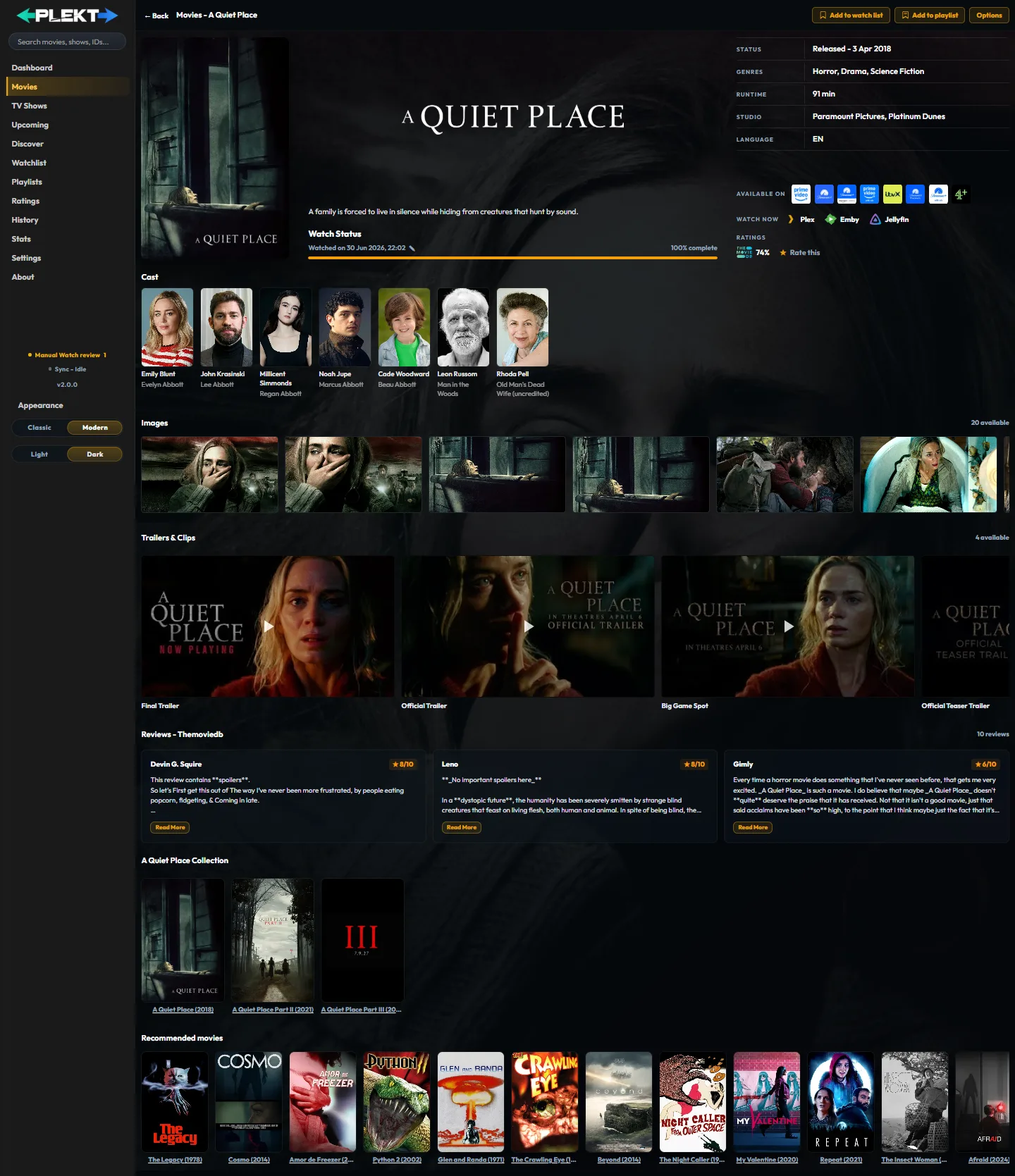 Plekt complete movie detail page showing the header, watch state, cast, images, trailers, collection, and recommendations