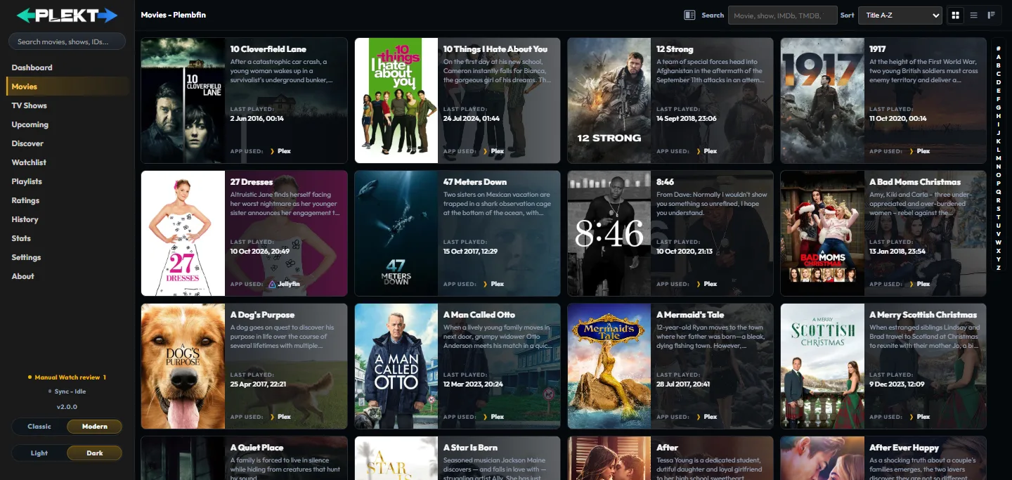 Plekt Movies library showing search, sort, poster size, and view controls