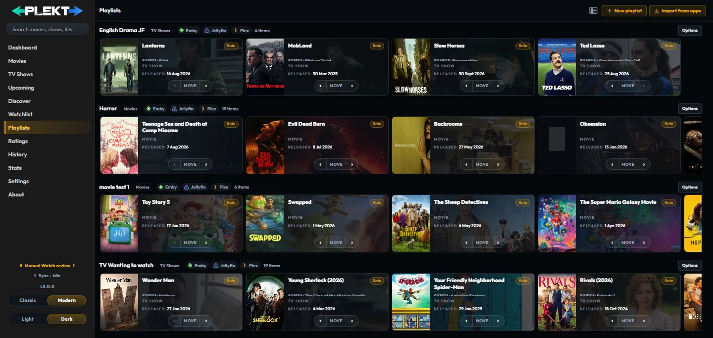 Plekt Playlists page showing playlist rails with app badges, item counts, and Options menus