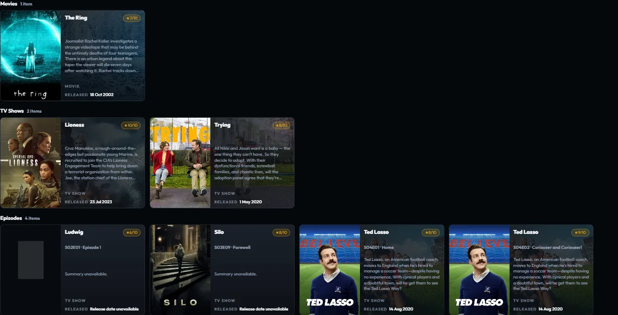 Plekt Ratings page grouped into Movies, TV Shows, and Episodes