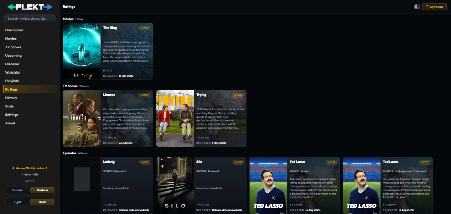 Plekt Ratings overview showing personal movie, show, and episode ratings