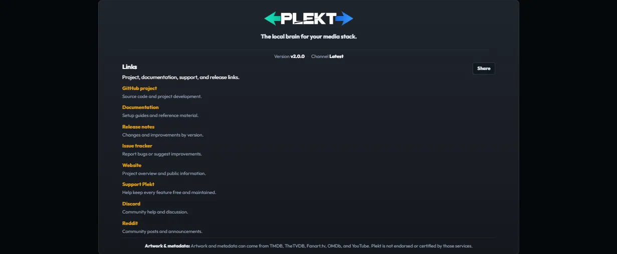 Plekt About page showing installed version v1.2.0 and project links
