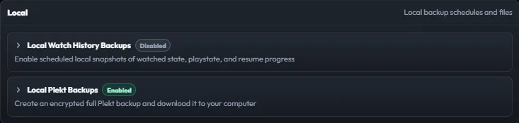 Plekt Local backups settings showing watch-history and encrypted instance backup controls