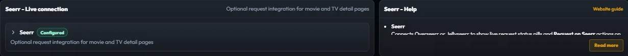 Plekt Seerr connection settings showing request integration controls