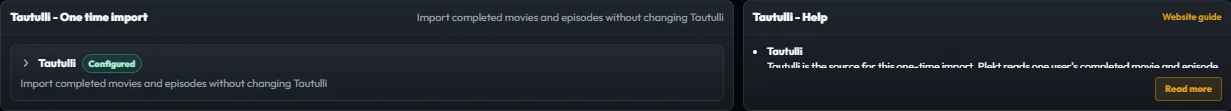 Plekt Tautulli connection settings showing the safe history import controls