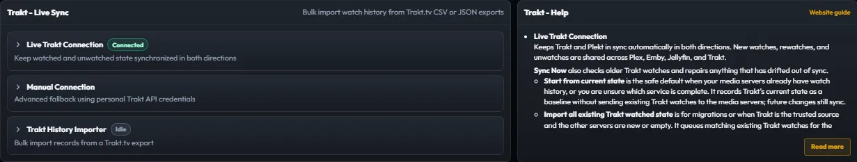 Plekt Trakt connection settings showing the bridge and import controls