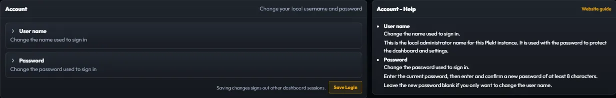 Plekt General Account settings showing administrator credential controls