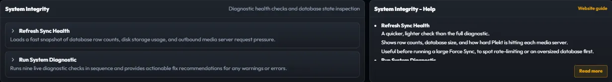 Plekt System Integrity settings section showing diagnostic controls