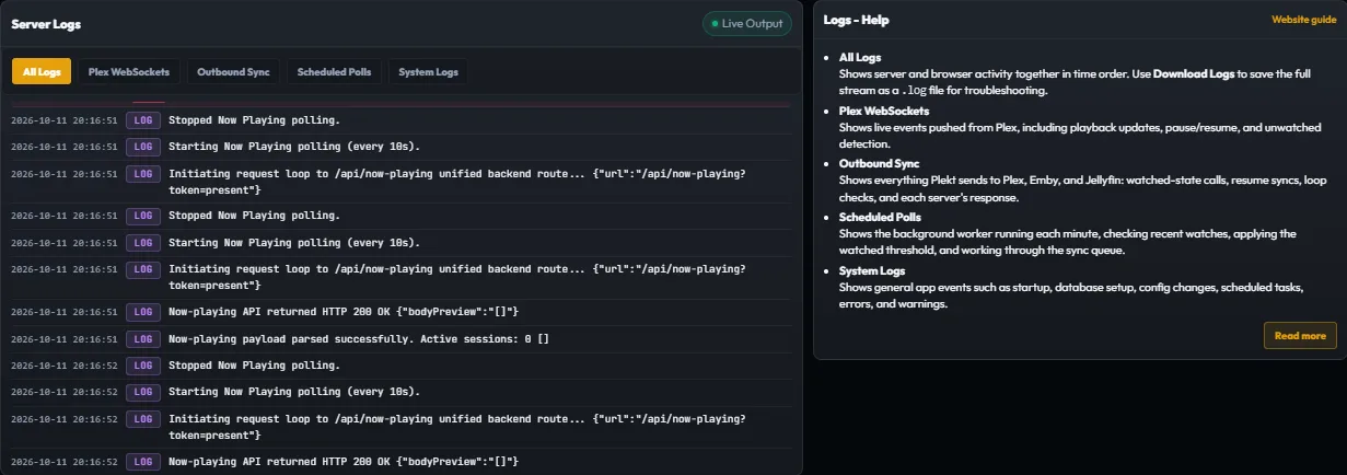 Plekt Logs settings showing log filters and diagnostic controls