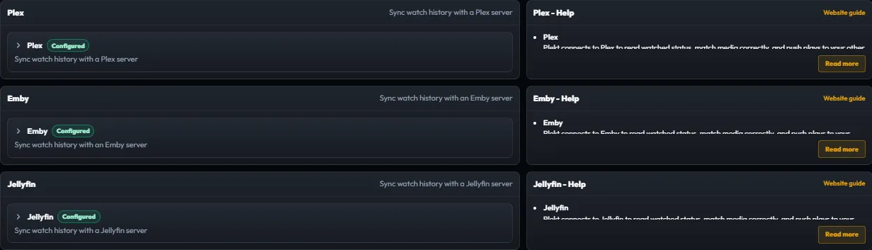 Plekt Plex settings section showing connection and credential controls