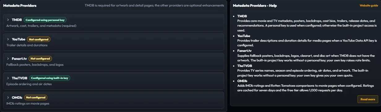 Plekt Metadata Providers settings showing provider cards and connection status