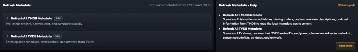 Plekt Metadata settings showing the TMDB refresh action
