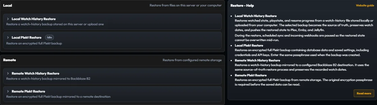 Plekt Restore settings showing local watch-history and full-backup sources