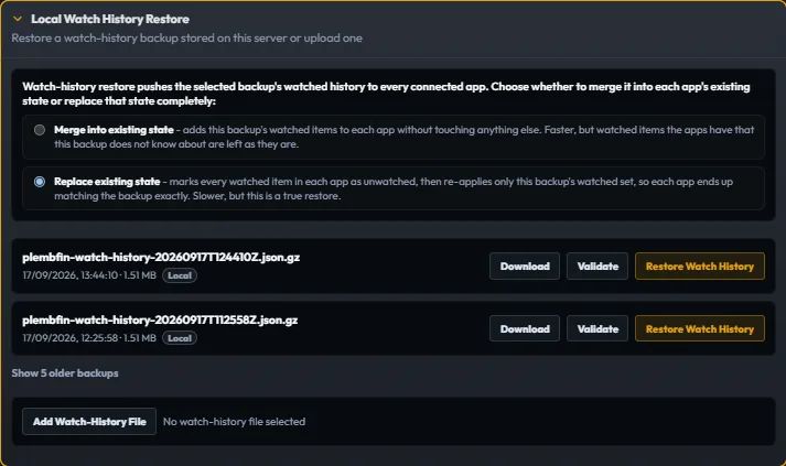 Plekt Restore settings showing the merge and replace choices