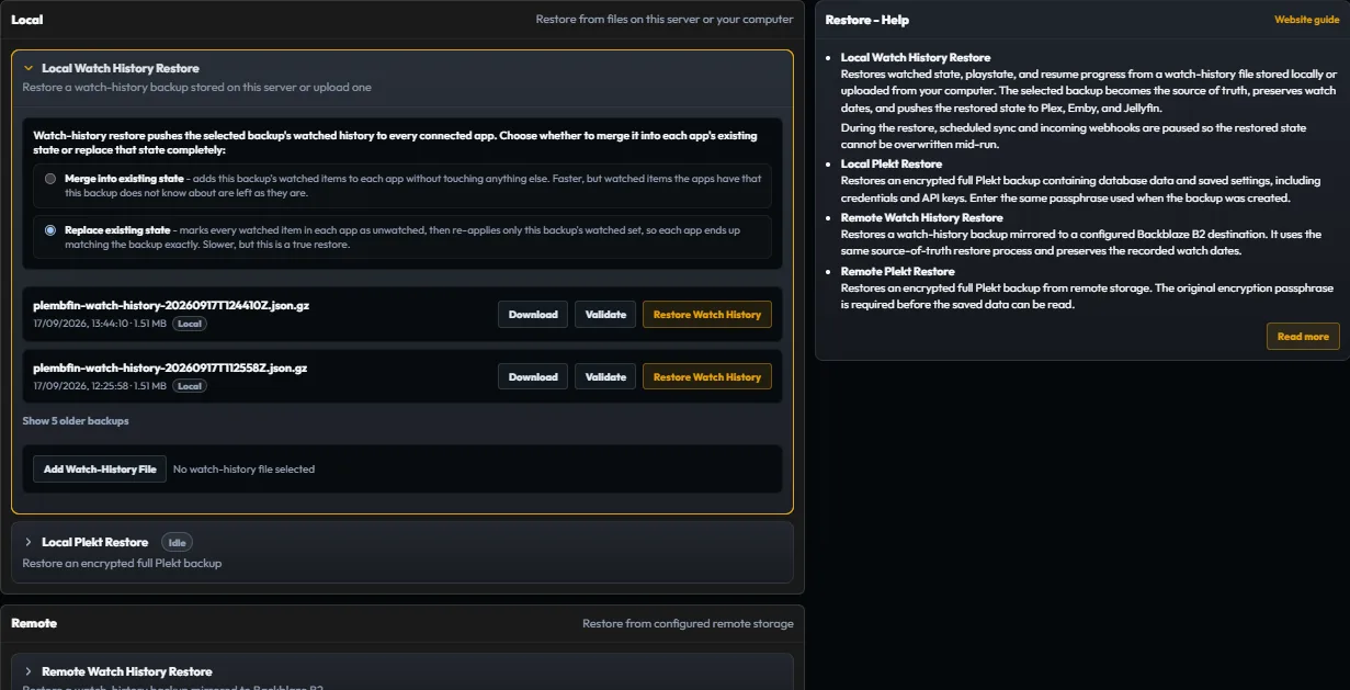 Plekt Restore settings showing watch-history restore scope and merge or replace controls