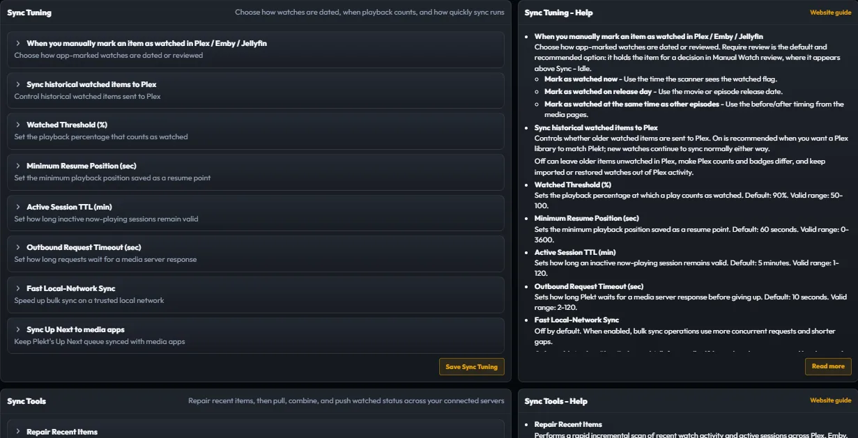 Plekt Sync settings showing the boundary between local state and destination operations