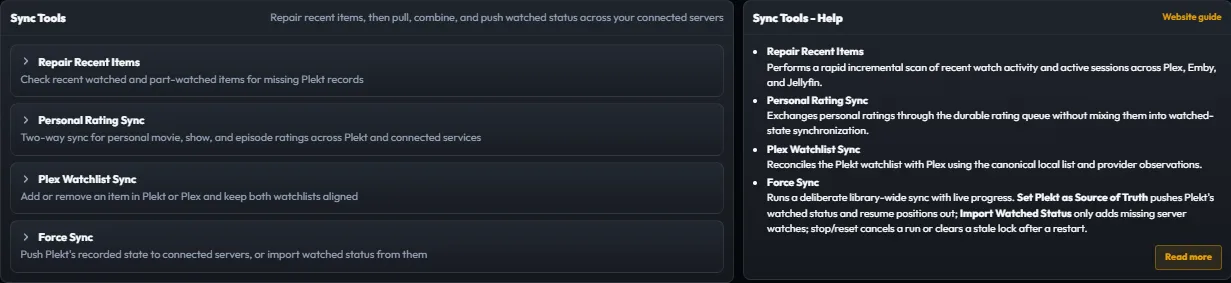 Plekt Sync Tools settings showing repair and force-sync controls