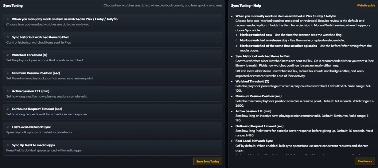 Plekt Sync Tuning settings showing watched-flag policy, playback thresholds, sync timing, and Up Next provider sync