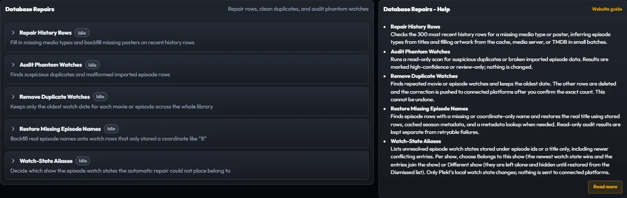 Plekt Tools Database Repairs showing history-row, phantom-watch, duplicate-watch, and episode-name tools