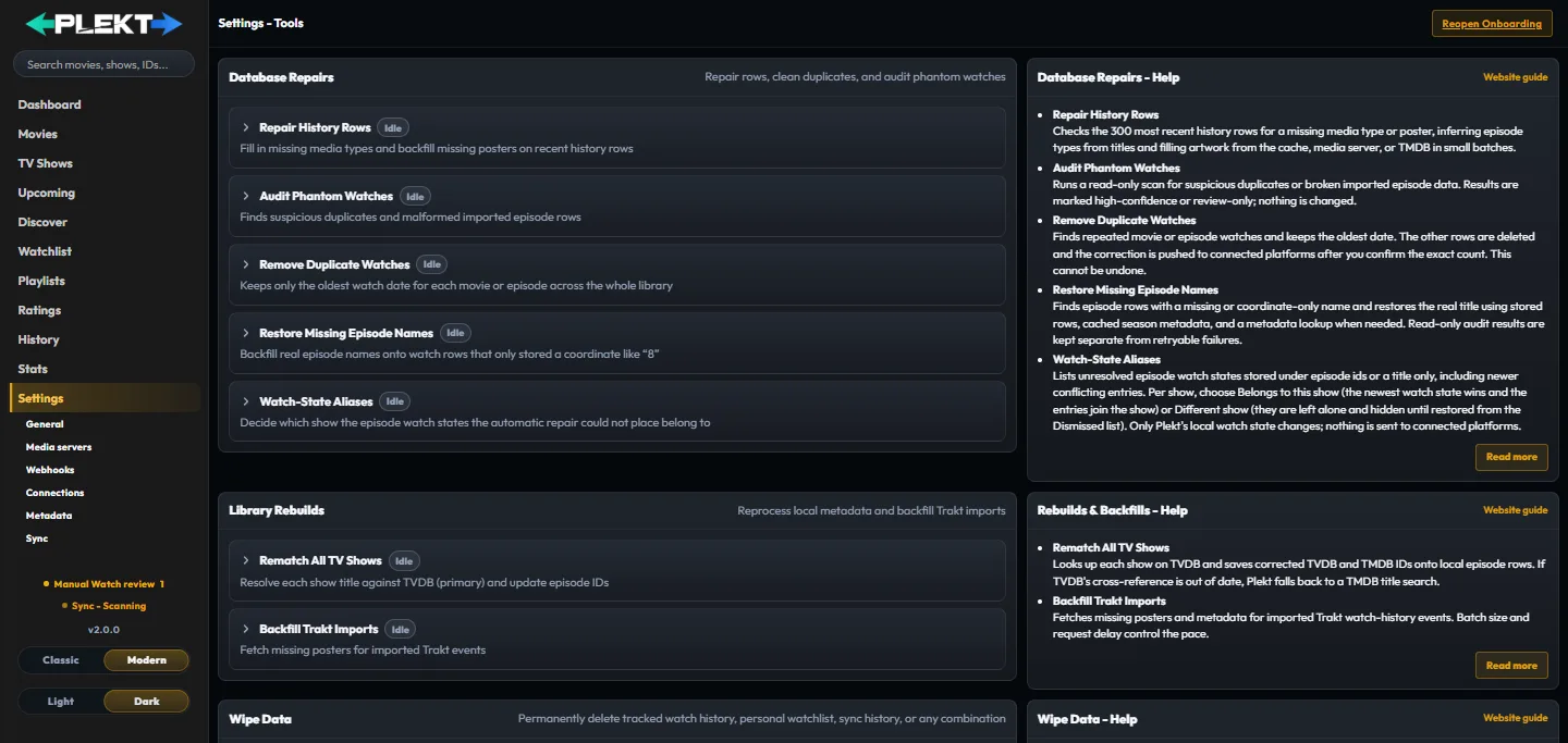 Plekt Settings Tools with the Reopen Onboarding button in the top bar