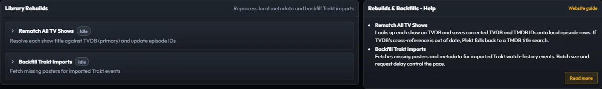 Plekt Tools Library Rebuilds showing TV rematching and Trakt backfill controls