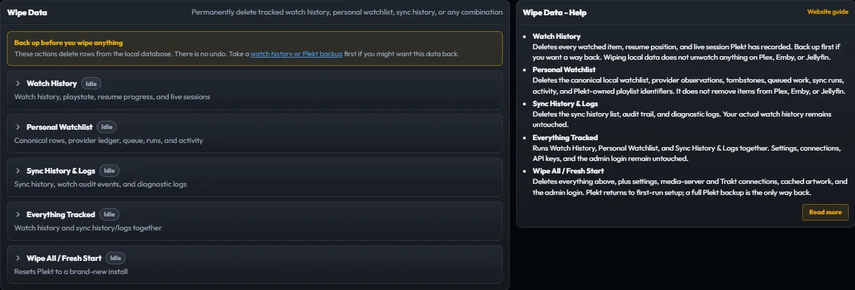 Plekt Tools Wipe Data showing destructive scopes and backup warning