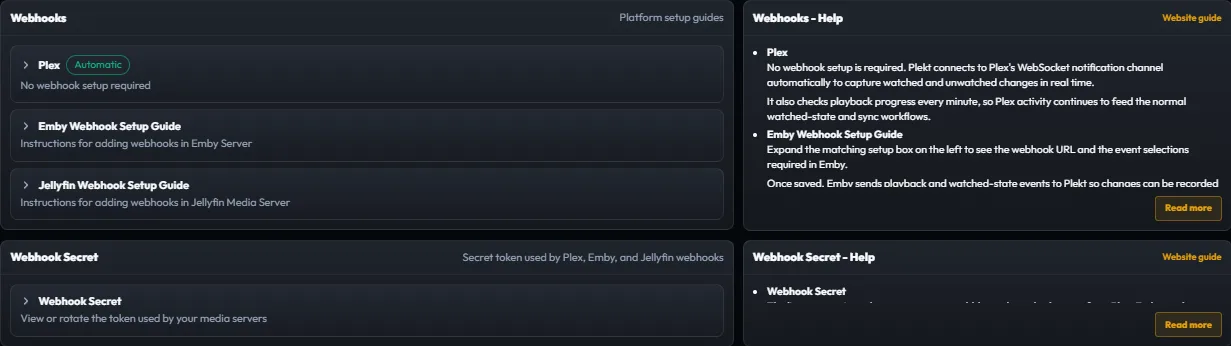 Plekt Webhooks setup guide showing platform event sender instructions