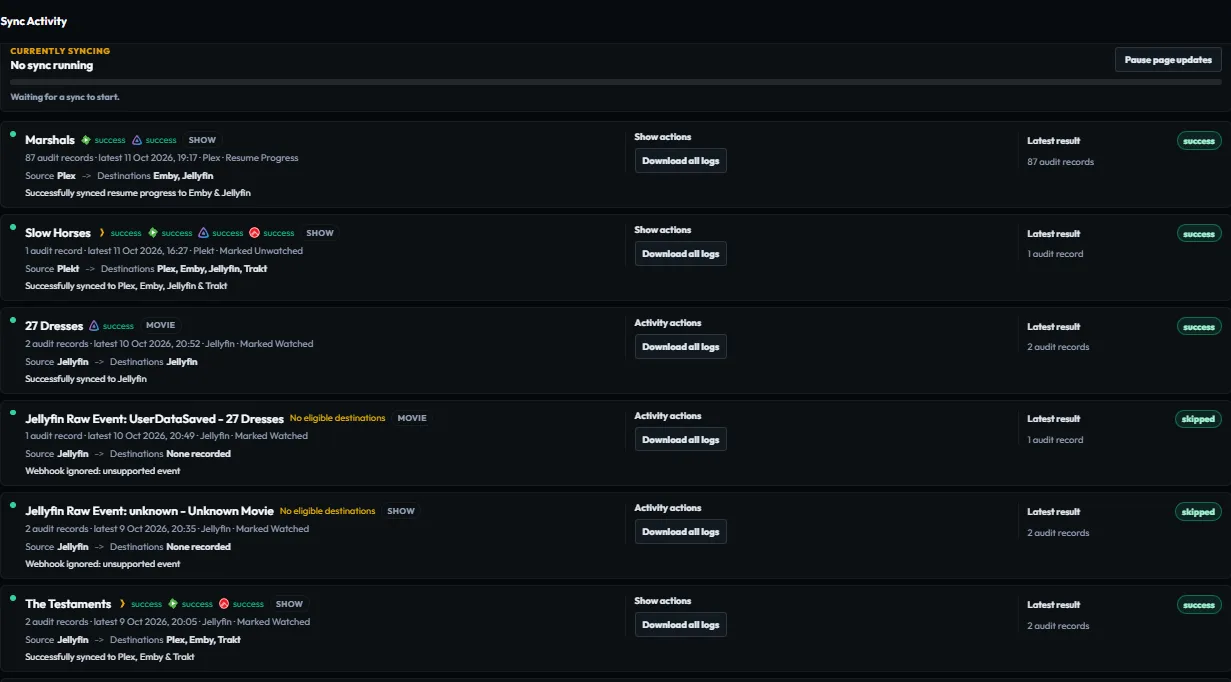 Plekt Sync Activity showing per-destination results and the current issue state