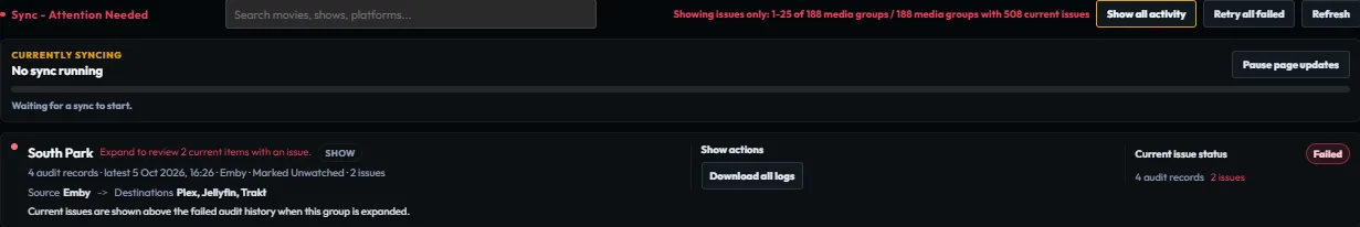 Plekt Sync Activity showing current sync issues, failed groups, and the Issues only filter