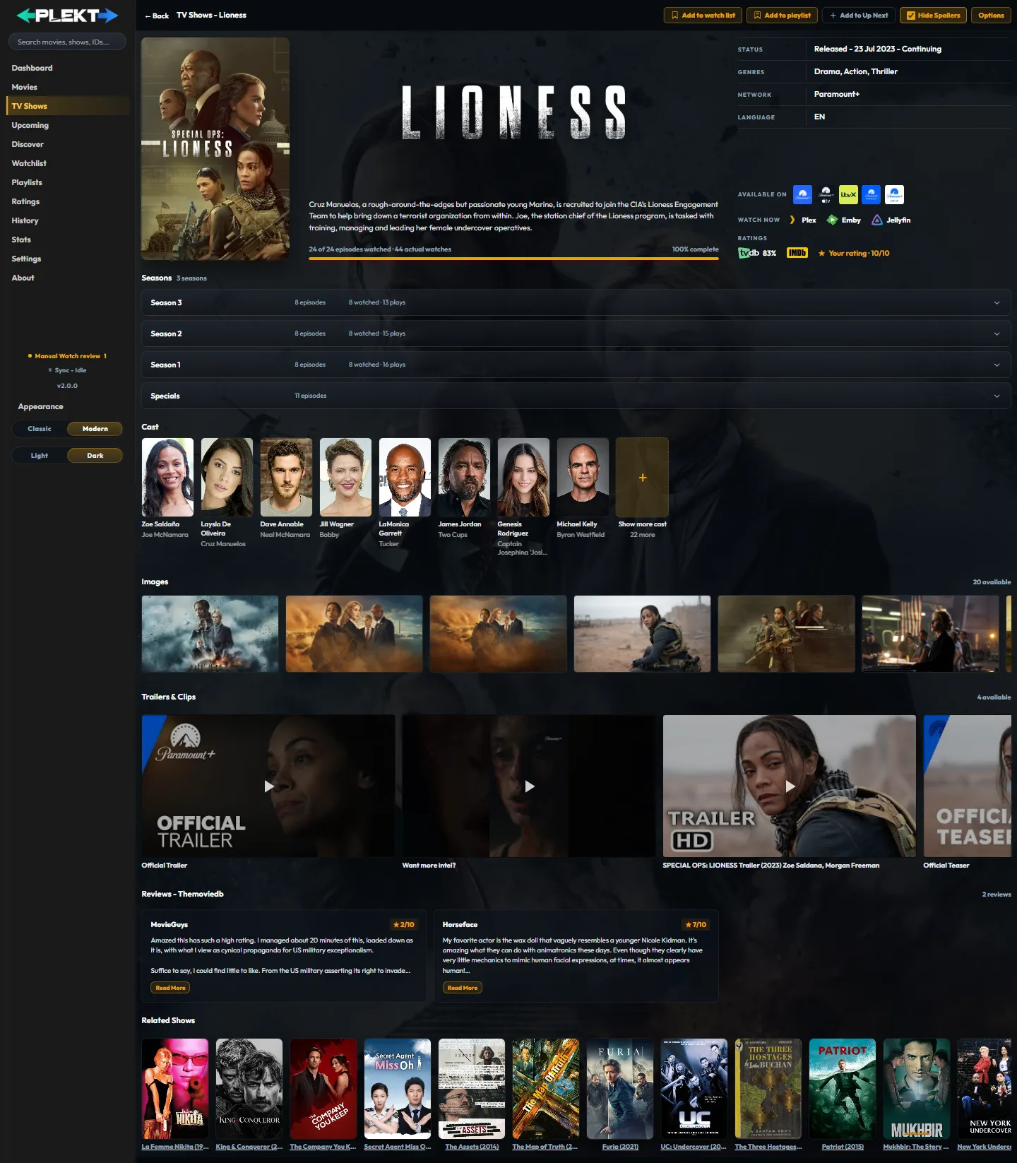 Plekt TV show detail page showing the title header, progress, seasons, cast, images, and trailers