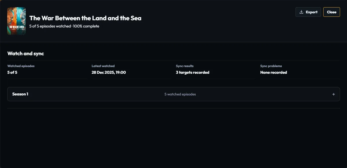 Plekt The War Between the Land and the Sea Info panel showing watched episodes, destination results, and audit events