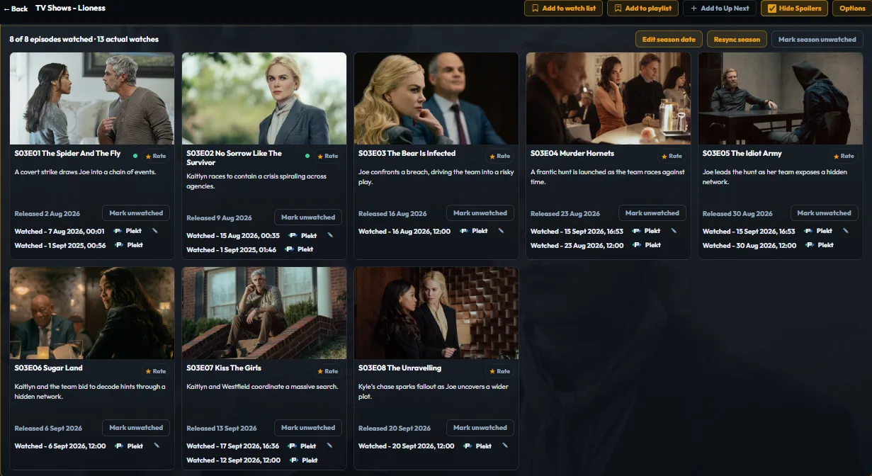 Plekt Lioness Season 3 accordion showing episode cards, watched state, release dates, and episode actions