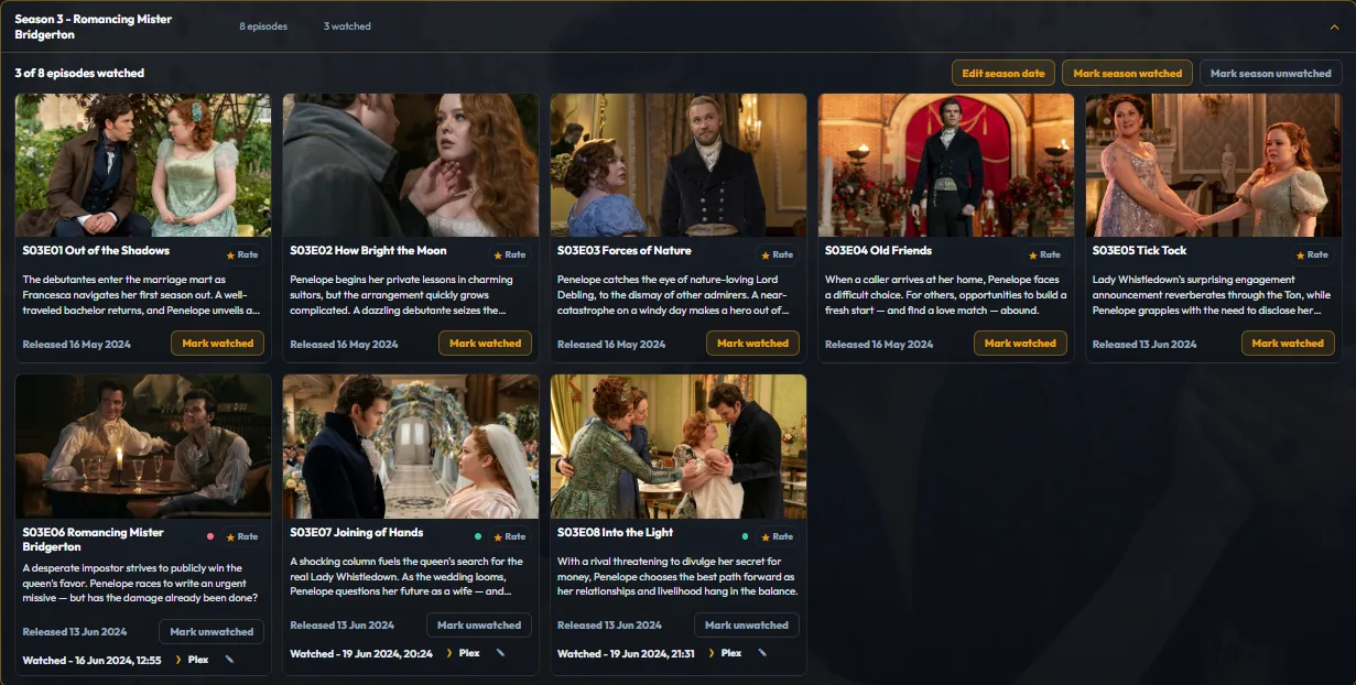 Plekt Bridgerton detail page with Season 3 expanded and Hide Spoilers unchecked