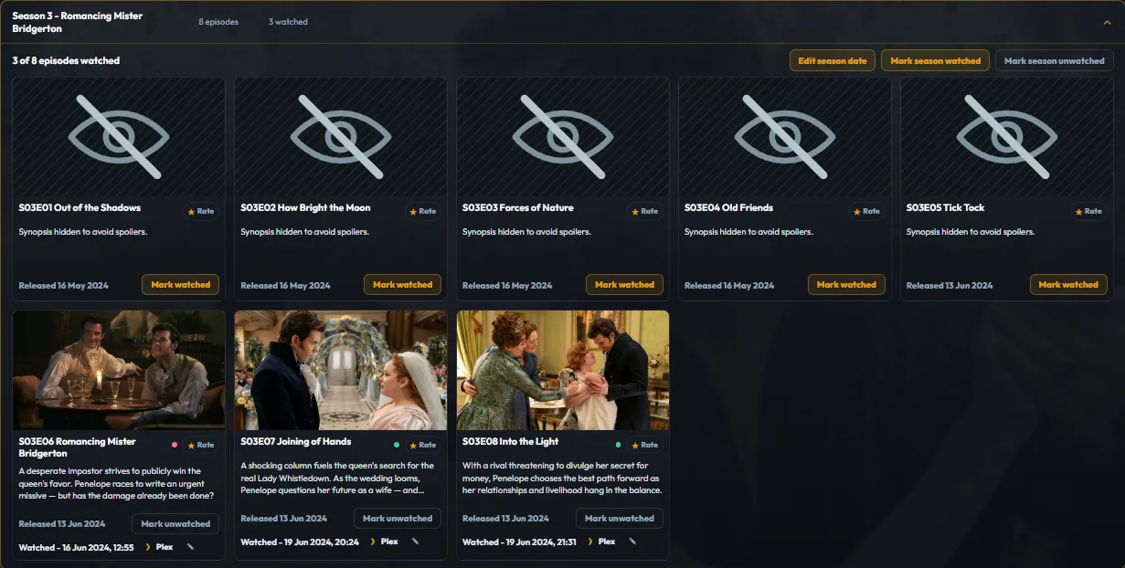 Plekt Bridgerton detail page with Season 3 expanded and Hide Spoilers checked, hiding unwatched episode artwork and synopses