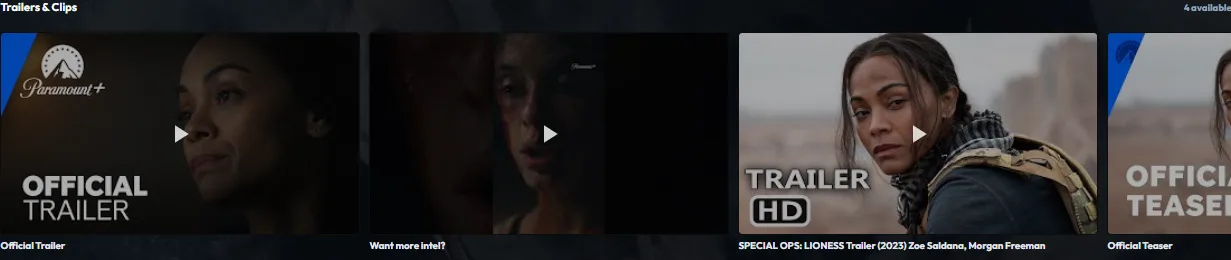 Plekt Lioness TV show detail page showing four populated Trailers and Clips video cards