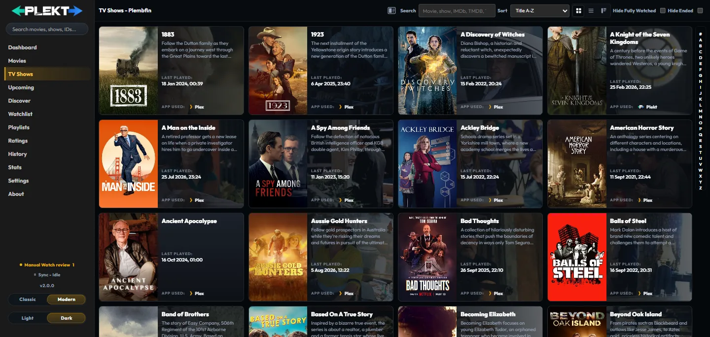 Plekt TV Shows library cards showing each show's summary, last played date, and apps used